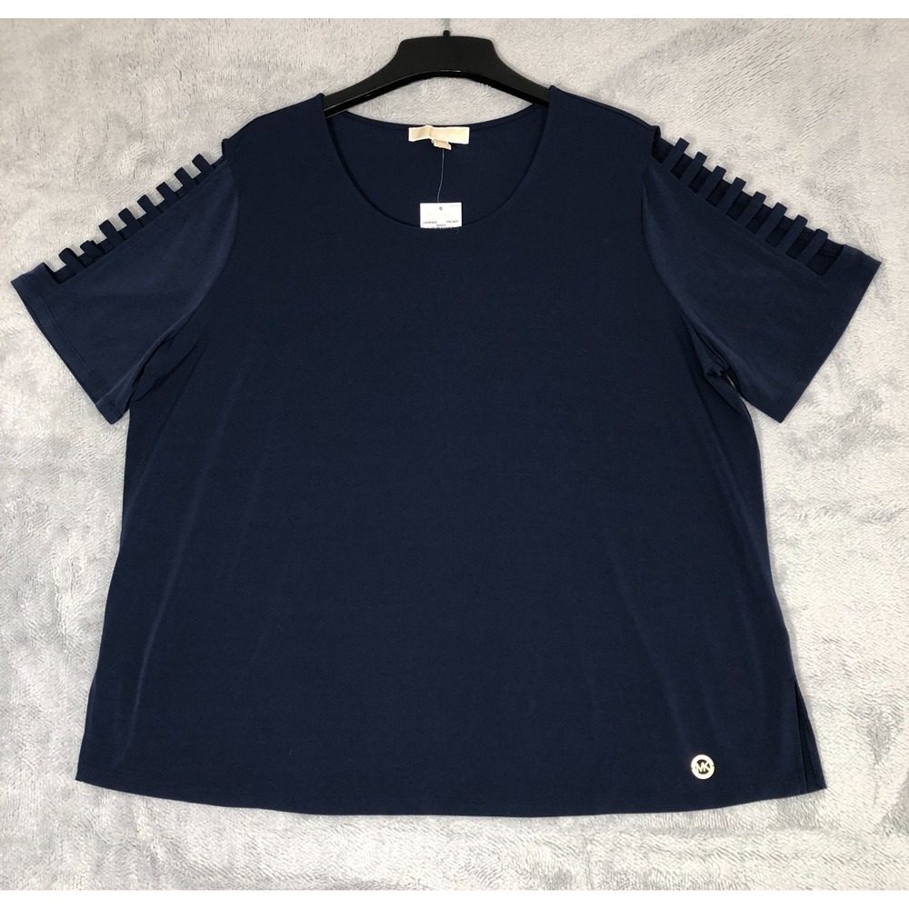 Michael Kors Blouse Women's Plus Size 2X Navy Blue Ladder Cutout Short Sleeves